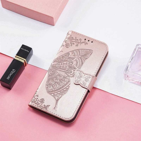 Google Pixel 7A Pung etui PU-Læder 4-KOMPARTMENT Motiv Sommerfugl Pink gold