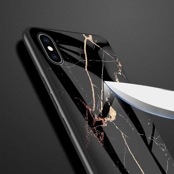 iPhone XS Max Marble Shell 9H hærdet glas bagside glas bagside V2 Black Svart/Vit