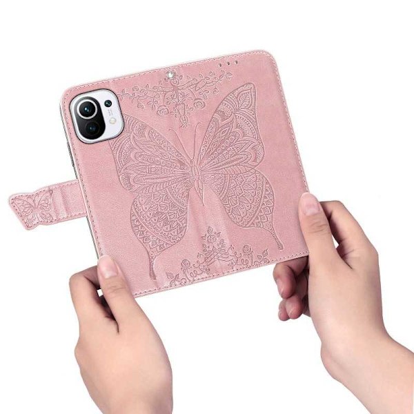Xiaomi Mi 11 Wallet Case PU-nahkainen 4-POCKET Motif Butterfly Pink gold