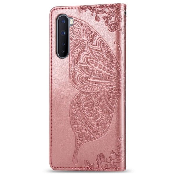 OnePlus Nord lommebokveske PU skinn 4-LOMMER Motiv Butterfly Pink gold