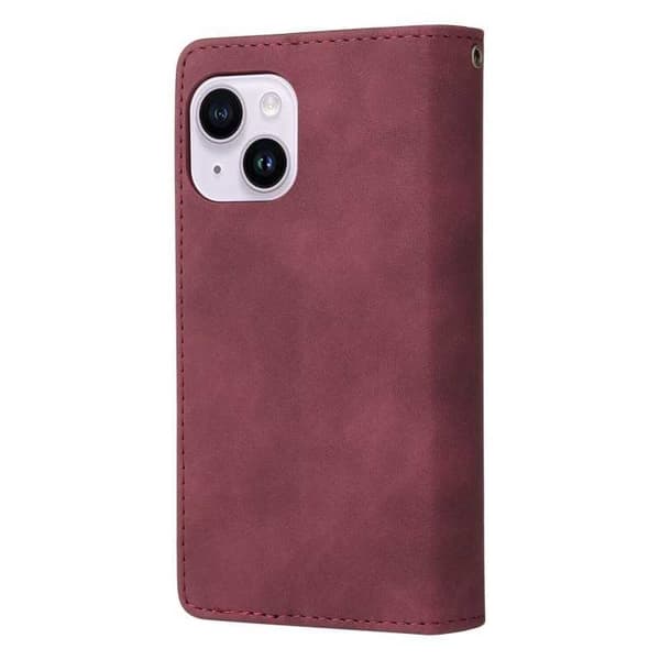 iPhone 15 Plus Multifunktionellt Plånboksfodral Zipper 8-Fack Vinröd