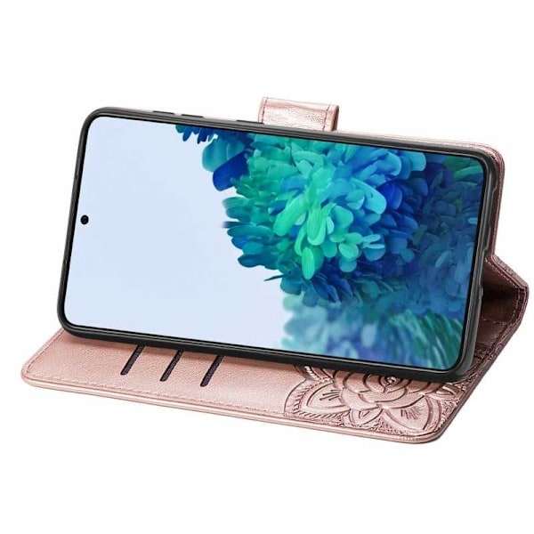 Samsung S22 Plånboksfodral PU-Läder 4-FACK Motiv Fjäril Rosenguld