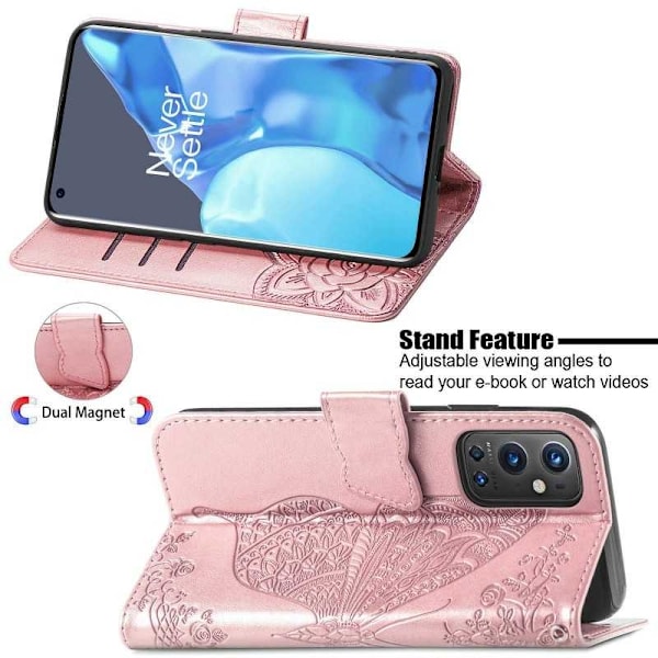 OnePlus 9 Pro Plånboksfodral PU-Läder 4-FACK Motiv Fjäril Rosa guld