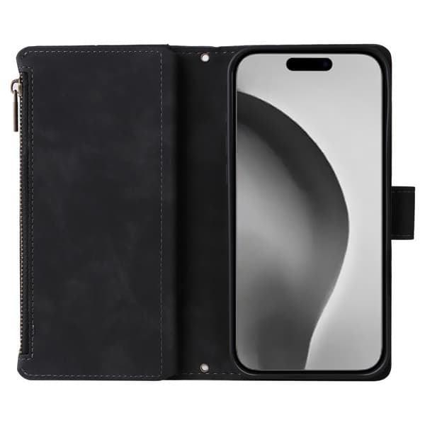 iPhone 15 Pro Max Multifunktionellt Plånboksfodral Zipper 8-Fack Svart