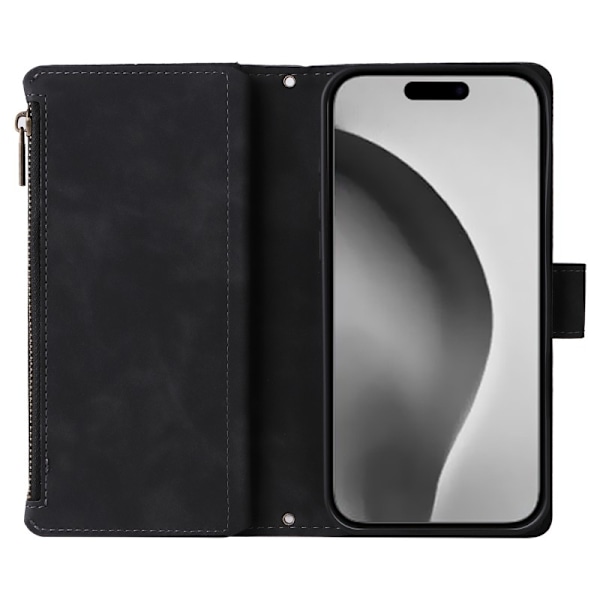 iPhone 15 Pro Max multifunktionelt pung etui Lynlås 8-rum Svart