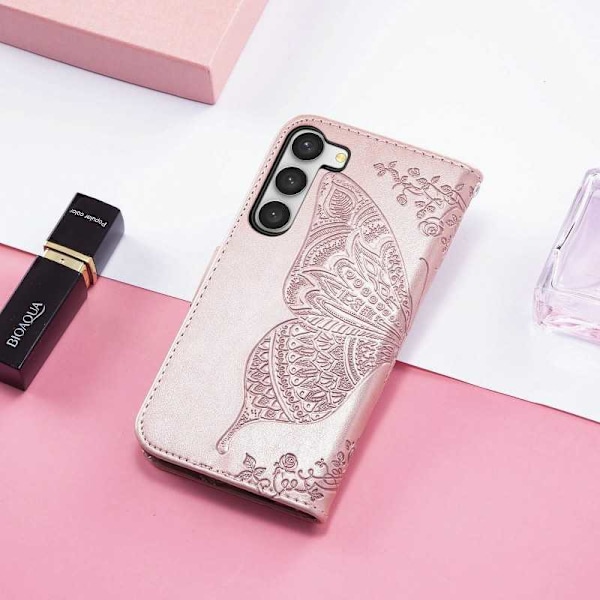 Samsung S23 -lompakkokotelo PU-nahkainen 4-TASKUN Motif Butterfly Pink gold