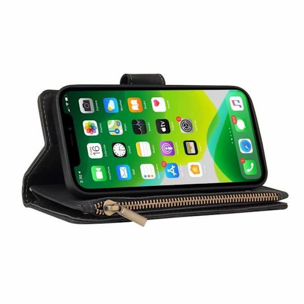 iPhone 14 multifunktionelt pung etui Lynlås 8-lomme Black