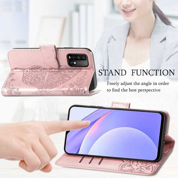Xiaomi Redmi Note 9 lompakkokotelo PU-nahkainen 4-taskuinen perhonen Pink gold