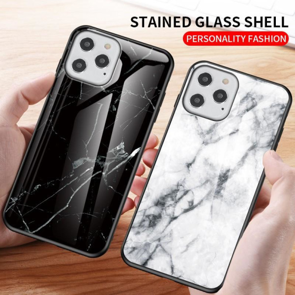 iPhone 12 Pro Max Marble Shell 9H hærdet glas bagside glas bagsi Black Svart/Vit