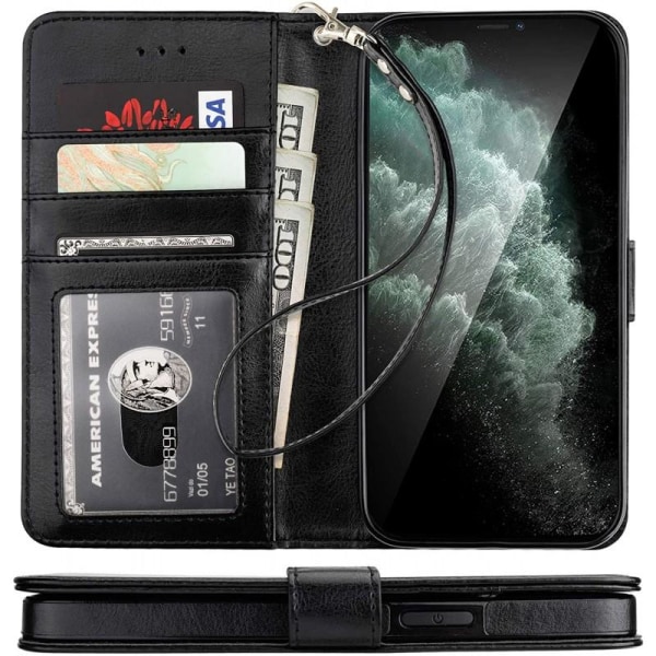 iPhone 12 lommebokveske PU skinn 4-LOMMER Black