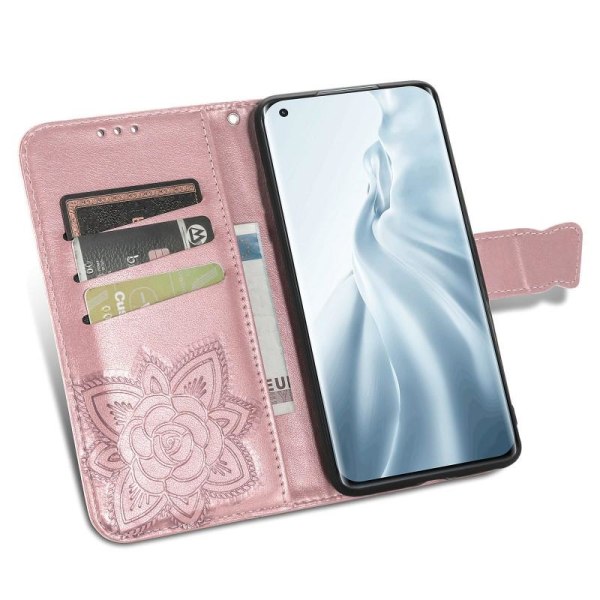 Xiaomi Mi 11 lommebokveske PU skinn 4-LOMMER Motiv Butterfly Pink gold