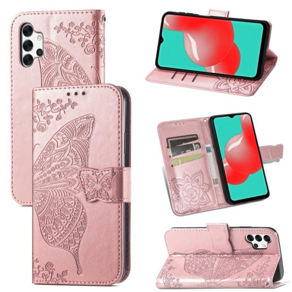 Samsung A32 5G lompakkokotelo PU-nahkainen 4-taskuinen perhoskuv Pink gold
