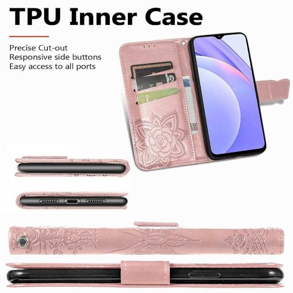 Xiaomi Redmi Note 9 Plånboksfodral PU-Läder 4-FACK Motiv Fjäril Rosa guld