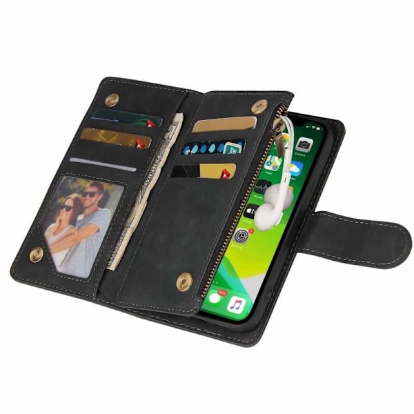 iPhone 13 multifunktionelt pung etui Lynlås 8-rum Svart