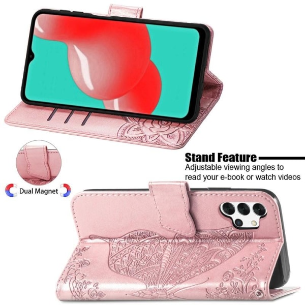 Samsung A32 4G lommebokveske PU skinn 4-LOMMER Motiv Butterfly Pink gold