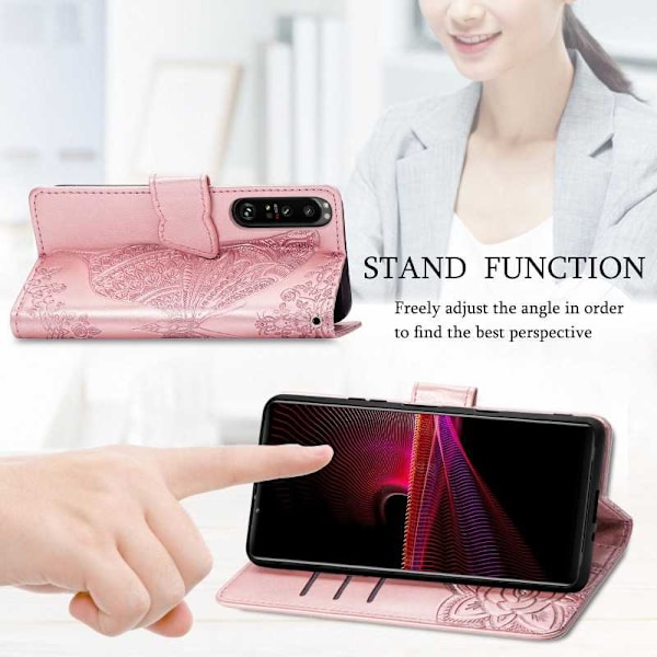 Xperia 1 III -lompakkokotelo PU-nahkainen 4-POCKET Motif Butterfly Pink gold