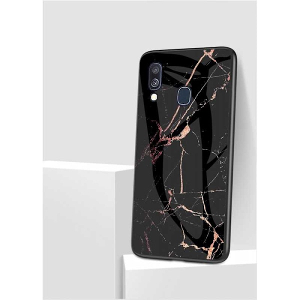 Samsung A40 Marble Shell 9H hærdet glas bagside Glassback V2 Black Svart/Guld