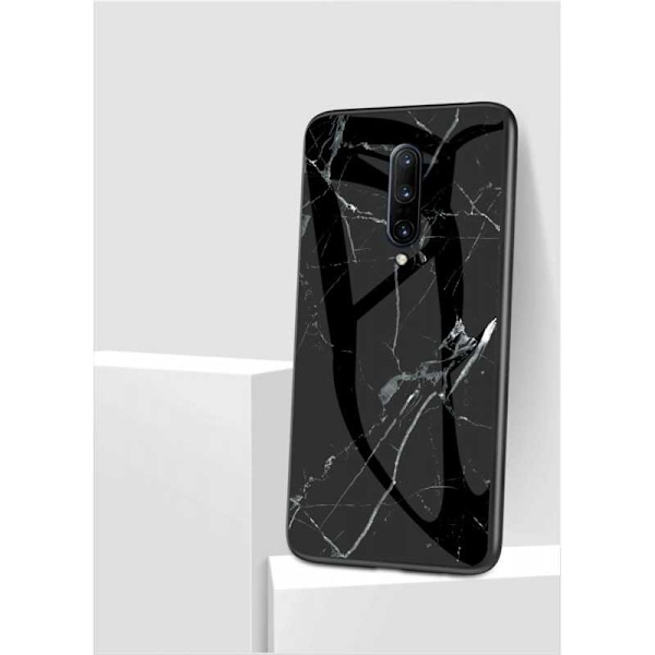 OnePlus 7 Pro Marble Shell 9H hærdet glas bagside glas bagside V2 Black Svart/Vit