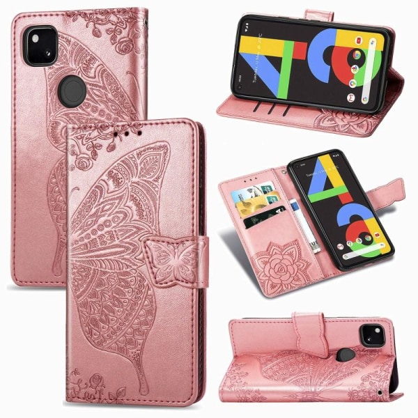 Google Pixel 4a 4G Wallet Case PU Læder 4-BAG Motiv Butterfly Pink gold