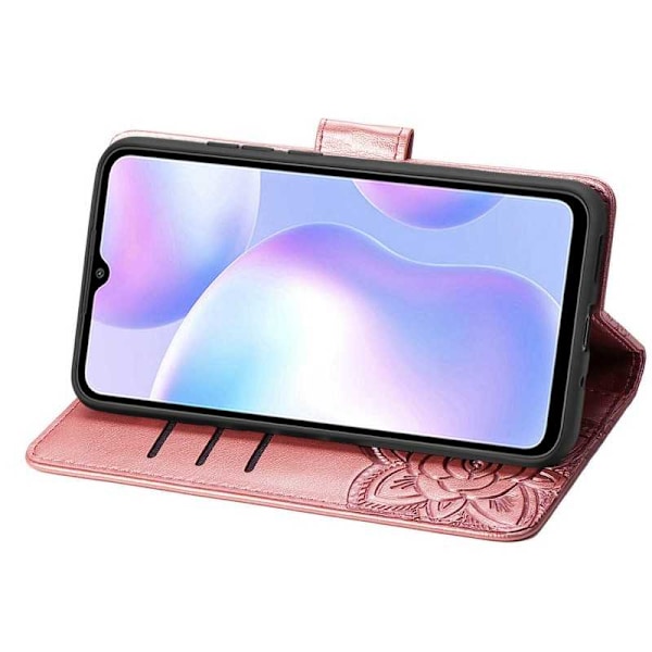 Xiaomi Redmi 9A Pung etui PU-læder 4-KOMPARTMENT Motiv Sommerfugl Pink gold
