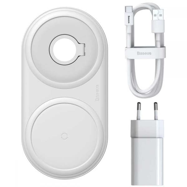 2-in-1 Baseus Planet Trådlös Laddare + Sladdspole Vit