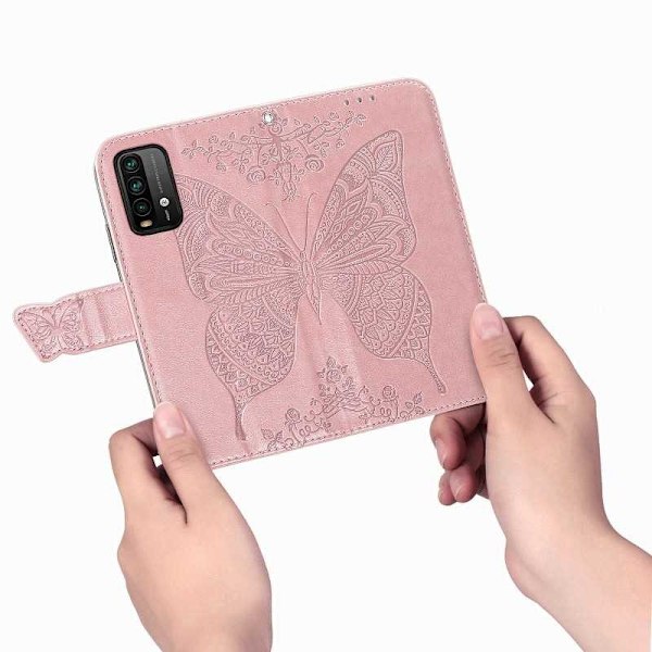 Xiaomi Redmi Note 9 Plånboksfodral PU-Läder 4-FACK Motiv Fjäril Rosa guld