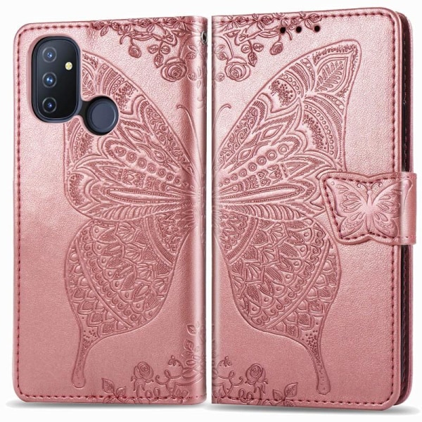 OnePlus Nord N100 lommebokveske PU skinn 4-LOMMER Motiv Butterfl Pink gold