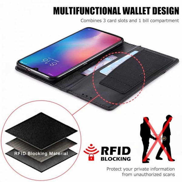 Xiaomi Mi 9 Elegant PU -nahkakotelo RFID-estolla Black