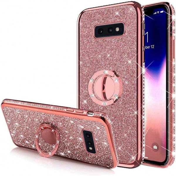 Samsung S10e Iskunvaimentimen suojus sormustelineellä tekojalokivillä Pink gold