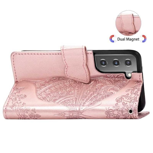 Samsung S22 Plus Plånboksfodral PU-Läder 4-FACK Motiv Fjäril Rosenguld