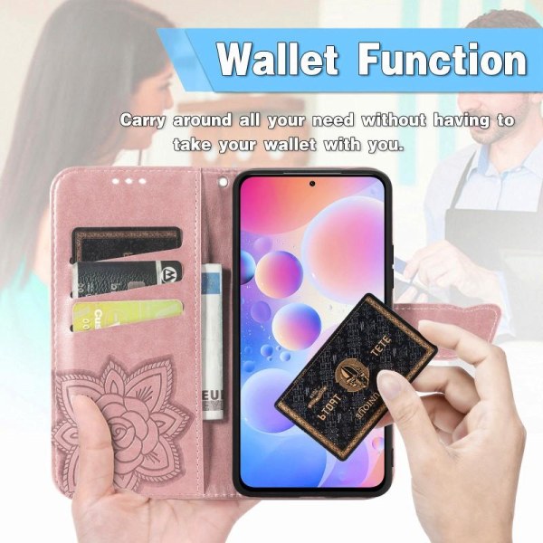 Xiaomi Mi 11i -lompakkokotelo, PU-nahkainen 4-TASKUN Motif Butterfly Pink gold