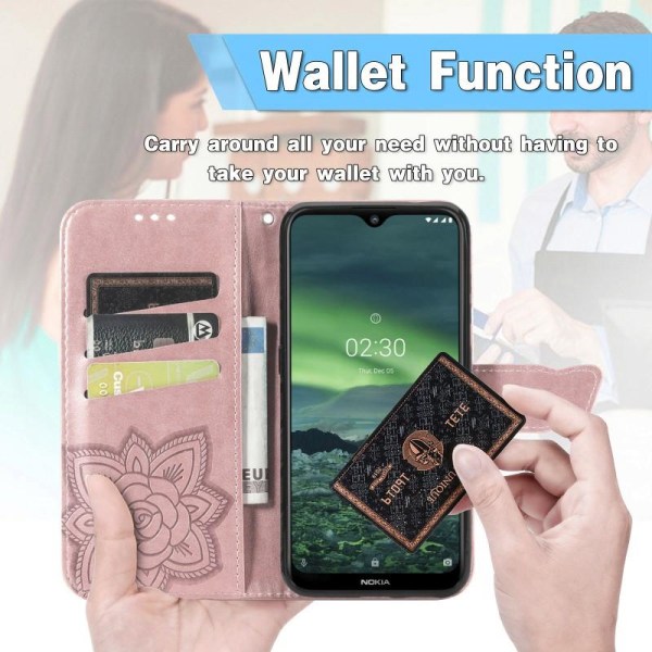 Samsung A32 5G lompakkokotelo PU-nahkainen 4-taskuinen perhoskuv Pink gold