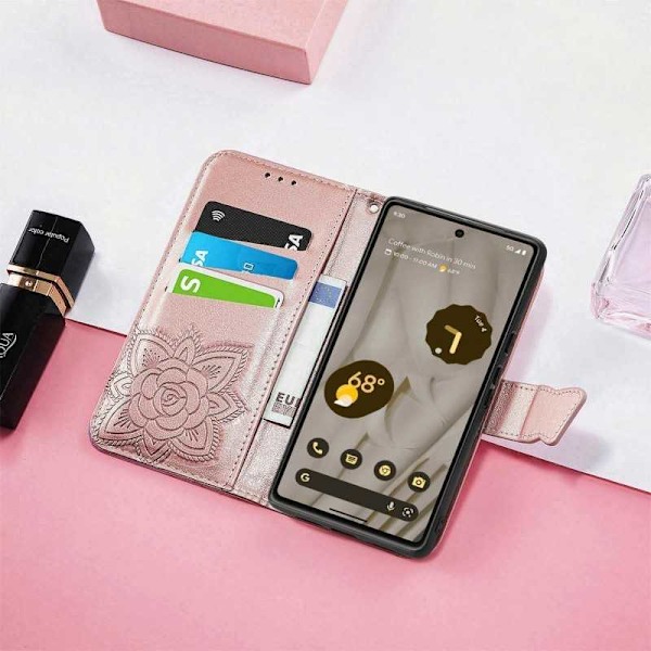Google Pixel 8 Plånboksfodral PU-Läder 4-FACK Motiv Fjäril Rosa guld