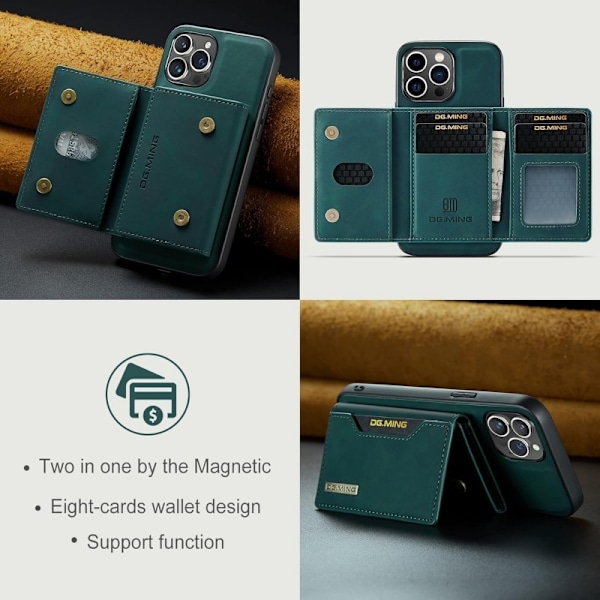 8-FACK iPhone 16 Pro Max Stöttåligt Skal med Magnetisk Korthållare DG.MING Detach - Grön