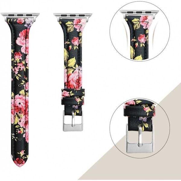 Apple Watch 40 mm / 38 mm tyylikäs nahkaranneke Mercy Flower Black