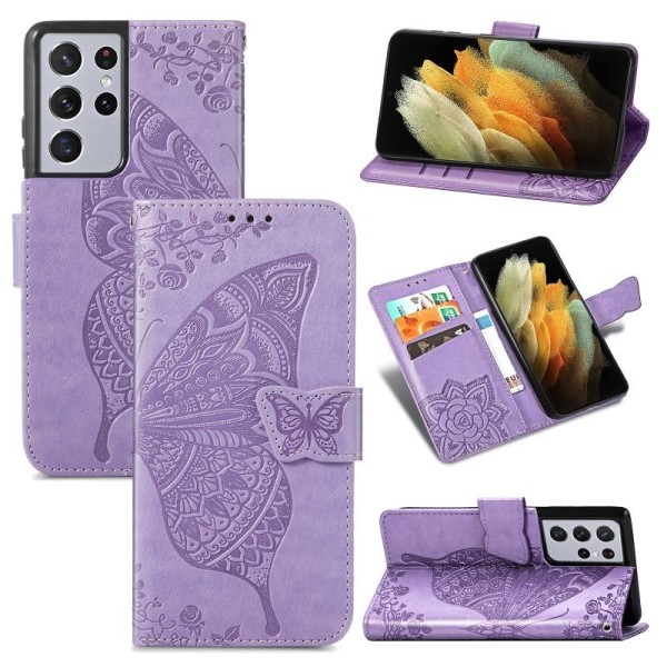 Samsung S21 Ultra Wallet Case PU-nahkainen 4-POCKET Motif Butterfly Rosenguld