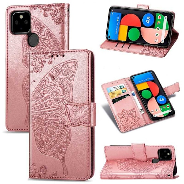 Google Pixel 4a 5G Plånboksfodral PU-Läder 4-FACK Motiv Fjäril Rosa guld