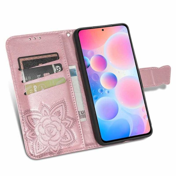 Xiaomi Mi 11i tegnebog etui PU læder 4-LOMMES motiv sommerfugl Pink gold