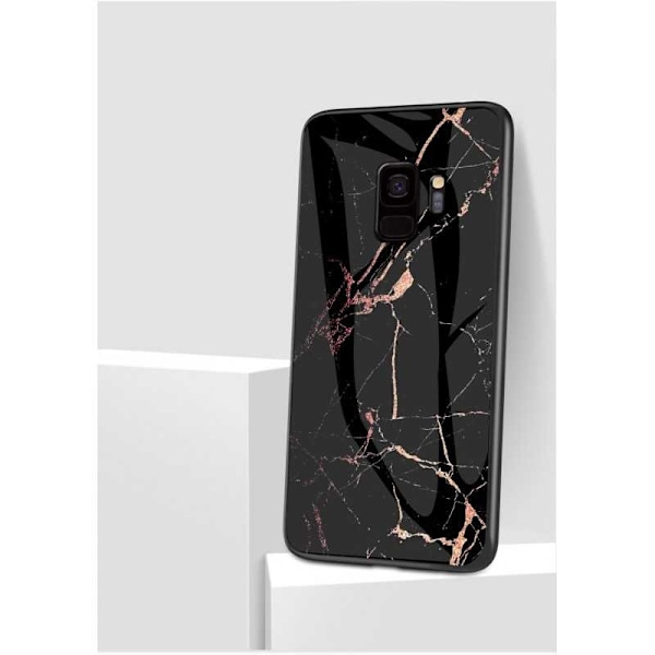 Samsung S9 Plus Marble Shell 9H hærdet glas bagside glas bagside V2 Black Svart/Vit