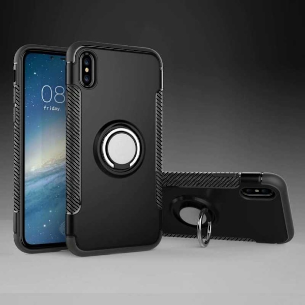 iPhone XS ja X Käytännöllinen iskunkestävä suojus sormustelineellä V2 Svart