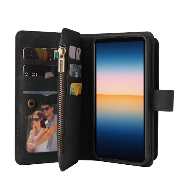 Xperia 1 IV Multifunktionellt Plånboksfodral Zip 13-Fack Svart
