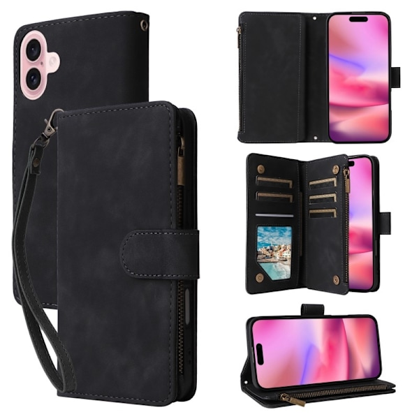 iPhone 16 Multifunktionellt Plånboksfodral Zipper 8-Fack svart