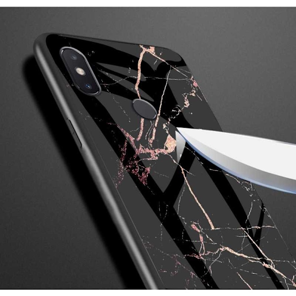 Huawei P20 Lite Marble Shell 9H Karkaistu lasi Takaosa Glassback V2 Black Svart/Vit