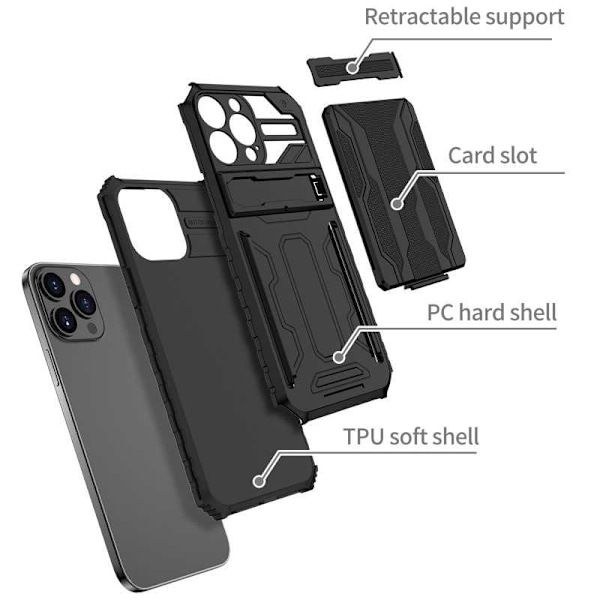 iPhone 13 Pro Iskunkestävä kansi Jalusta ja korttipaikka ThinArmor V3 Black