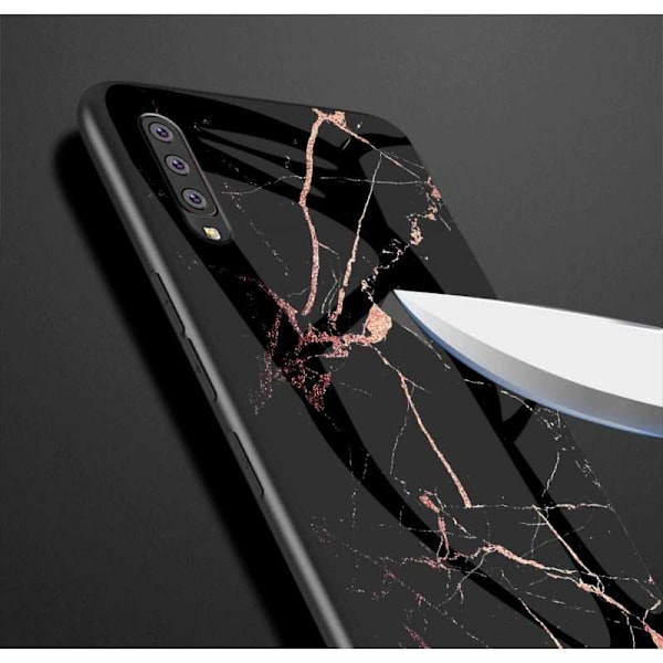 Samsung A70 Marble Shell 9H hærdet glas bagside glas bagside V2 Black Svart/Guld