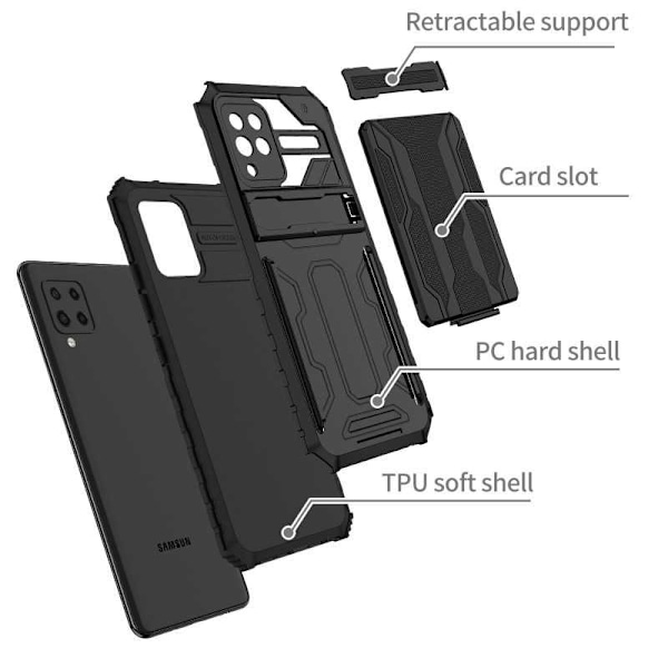 Samsung A42 5G Stöttåligt Skal Kickstand & Kortfack ThinArmor V3 Svart