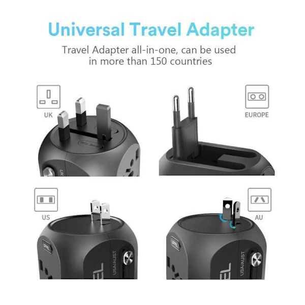 Internationell Adapter QC 3.0 US/UK/EU/AU/Asia Svart