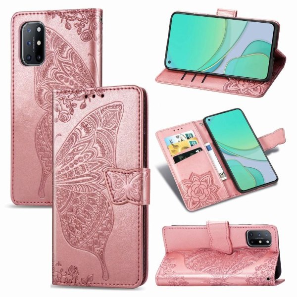OnePlus 8T lommebokveske PU skinn 4-LOMMER Motiv Butterfly Pink gold