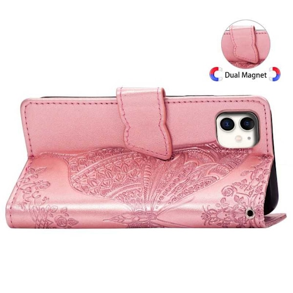 iPhone 11 Pung-etui PU-læder 4-LOMMES Motiv Sommerfugl Grå