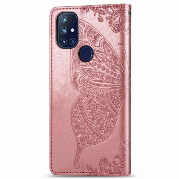OnePlus Nord N10 pung etui PU læder 4-LOMMES motiv sommerfugl Pink gold